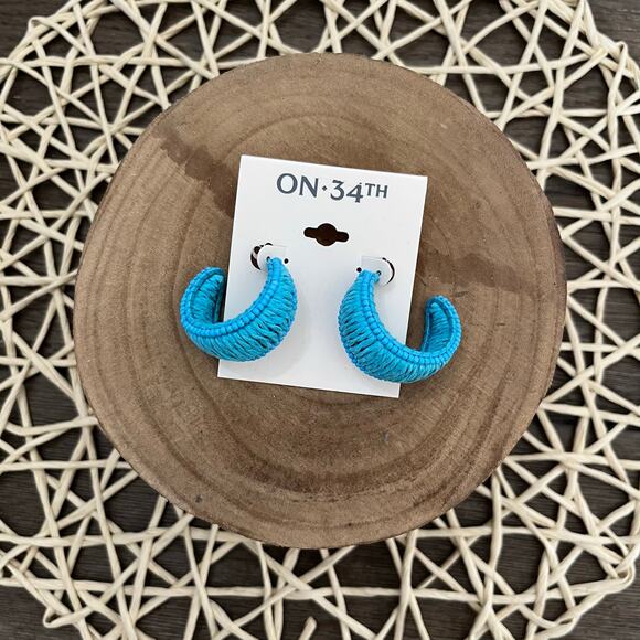 On 34th Silver-Tone Medium Blue Seed Bead & Raffia C-Hoop Earrings - Picture 3 of 4